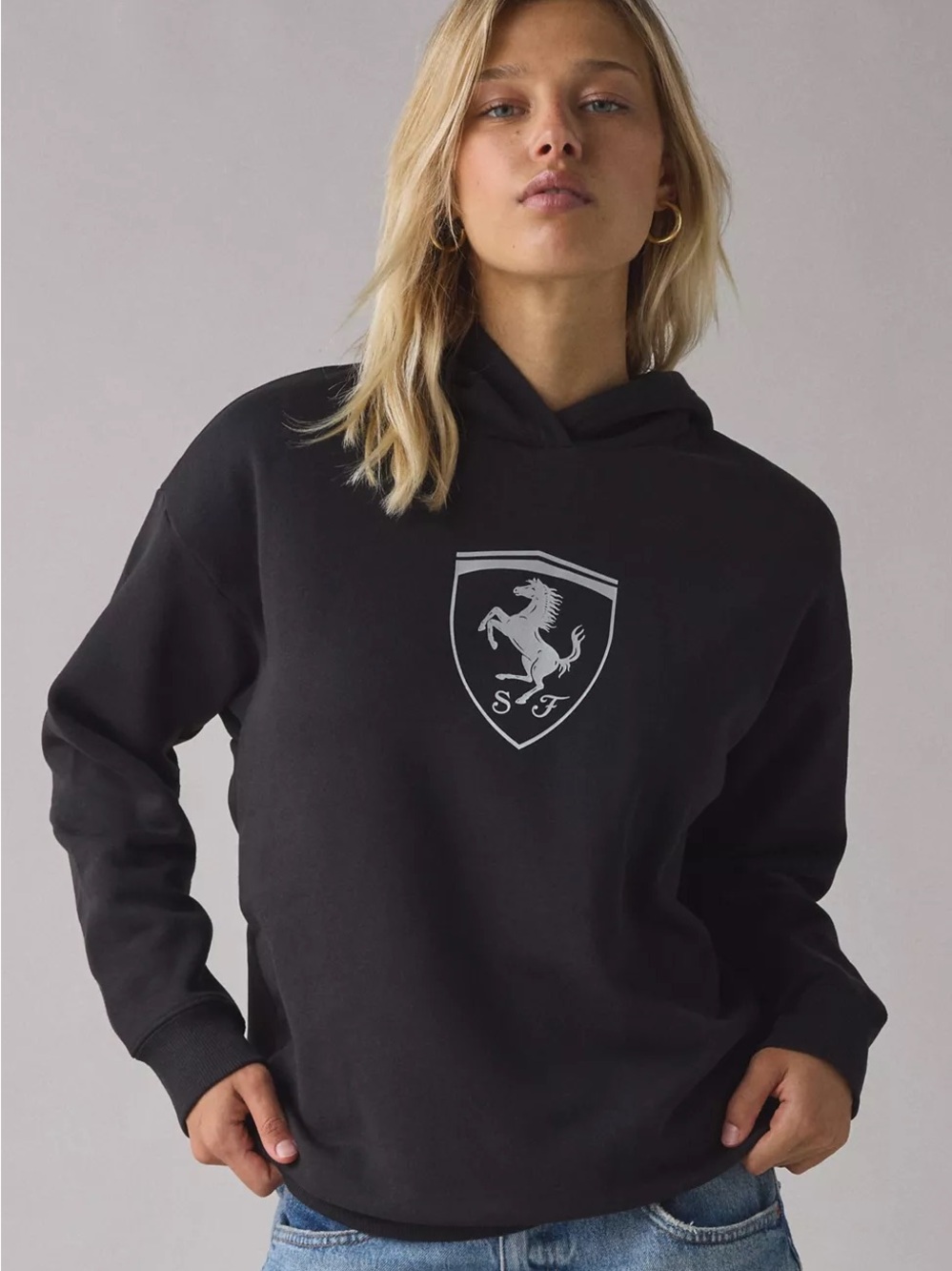 Ferrari x Puma Black Hooded Sweatshirt with Silver Shield Logo NWT XS